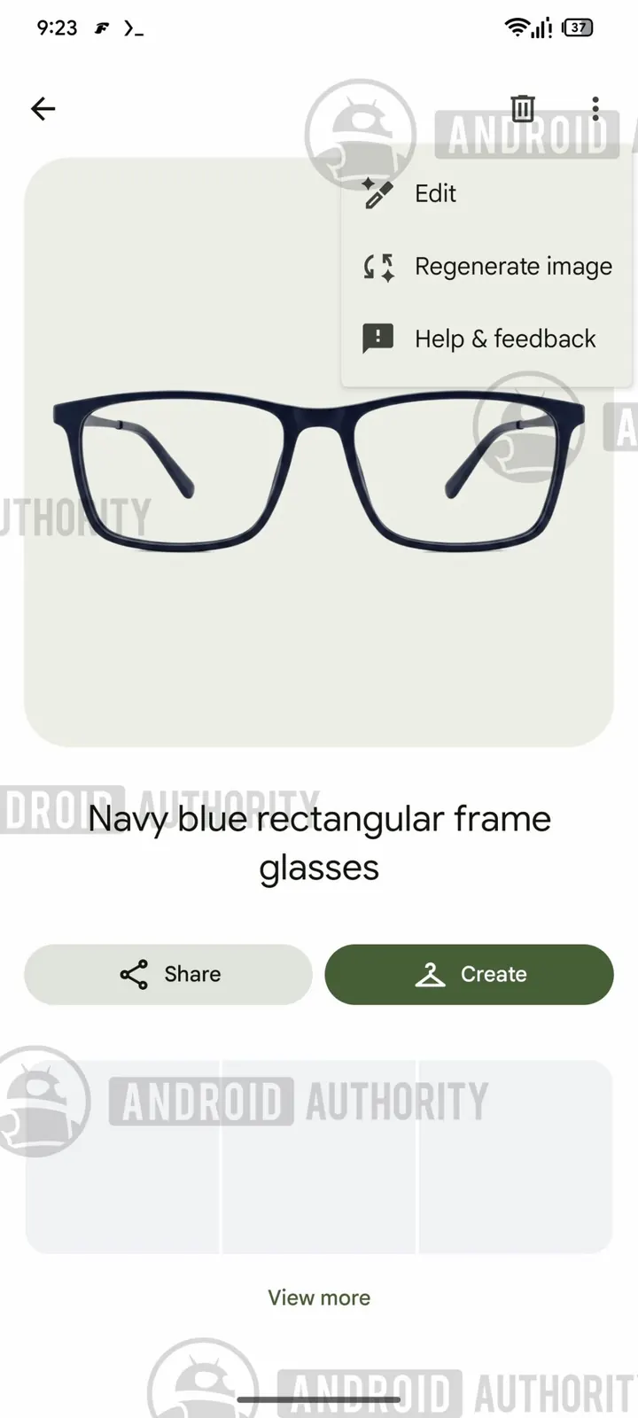 Google Photos wardrobe item menu with a Regenerate image option, via Android Authority