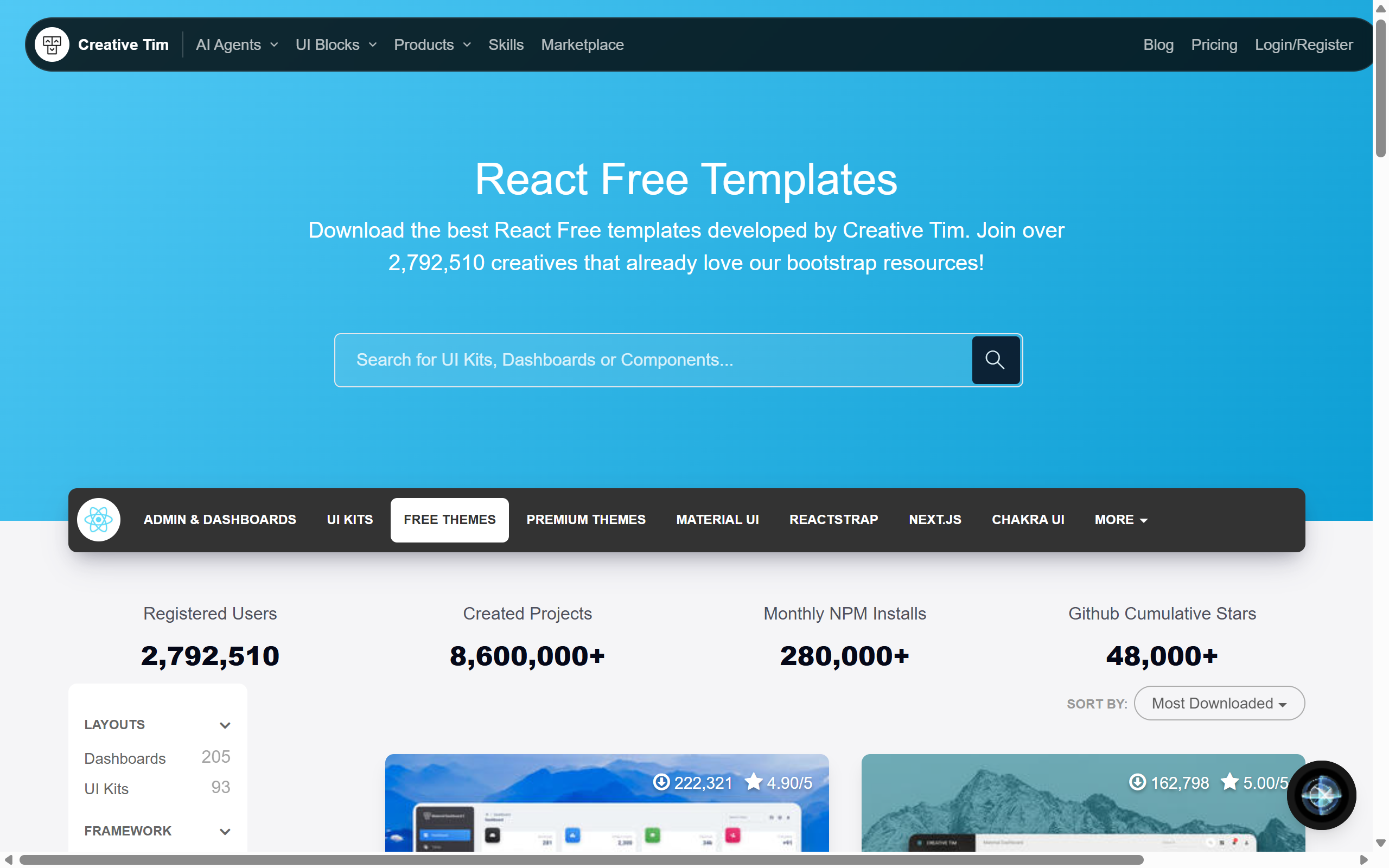 Creative Tim 무료 React 템플릿 페이지