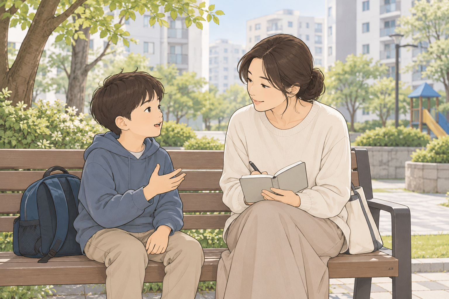 아이의 실제 말과 생활상 어려움을 듣고 기록하는 설명용 장면