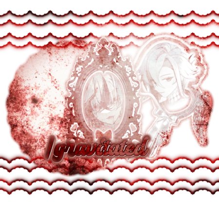 A red bloody (kinda) graphic. art by @ichigowarano on Twitter. Text implies: /gravitated