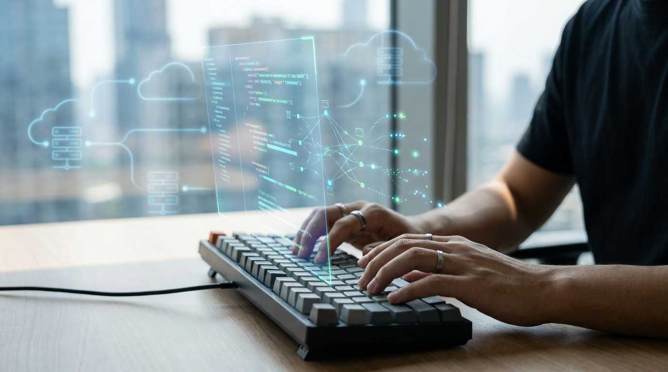 Developer coding on a Windows 365 Cloud PC, visualizing AI model training.
