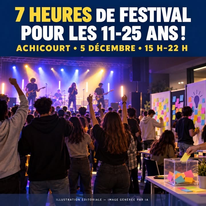 Une foule de jeunes regardant un groupe de musique sur scène, avec des panneaux de notes colorées et des projecteurs.