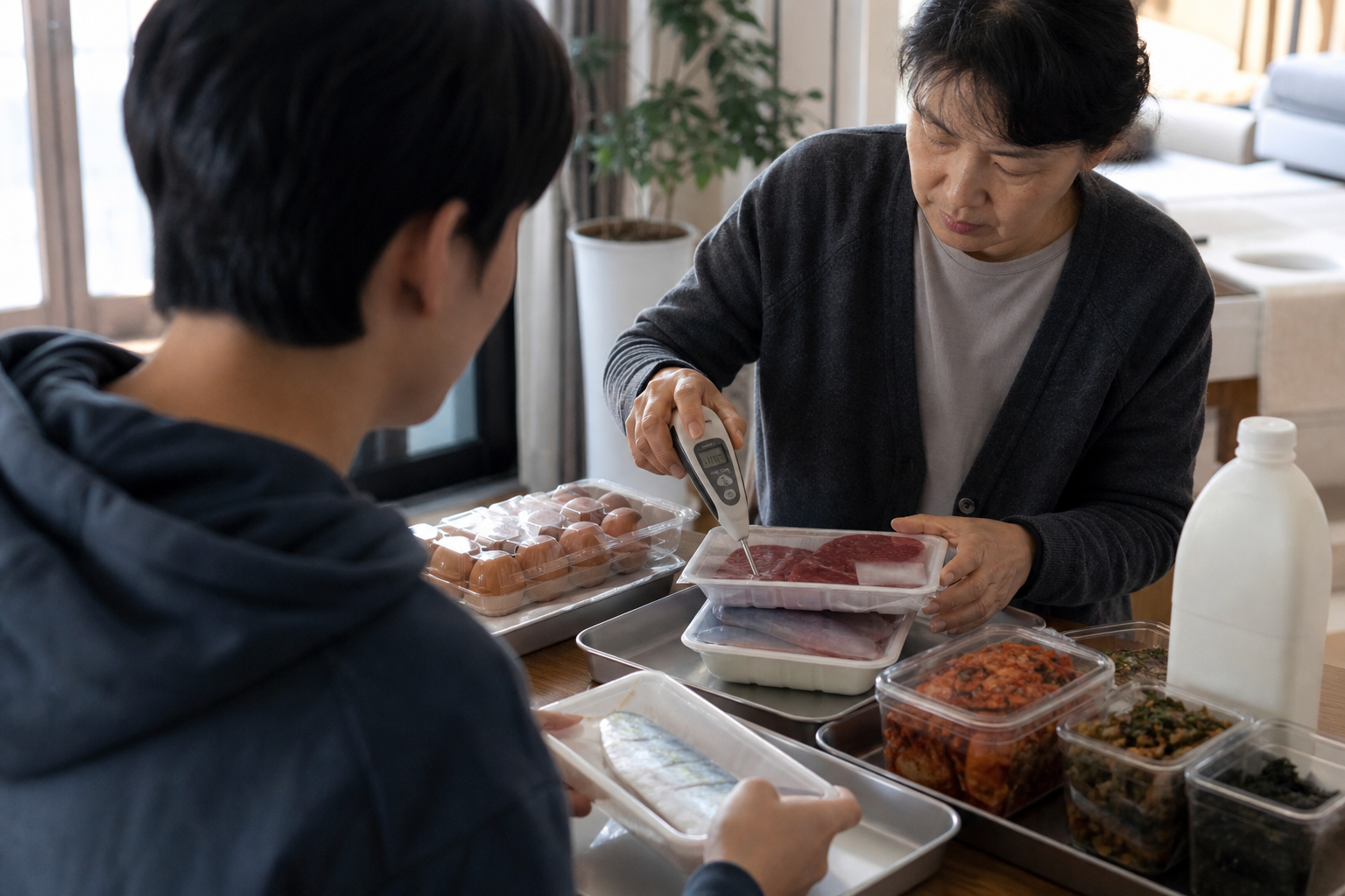 육류 생선 달걀 우유와 남은 음식을 분리해 온도를 확인하는 냉장식품 판정