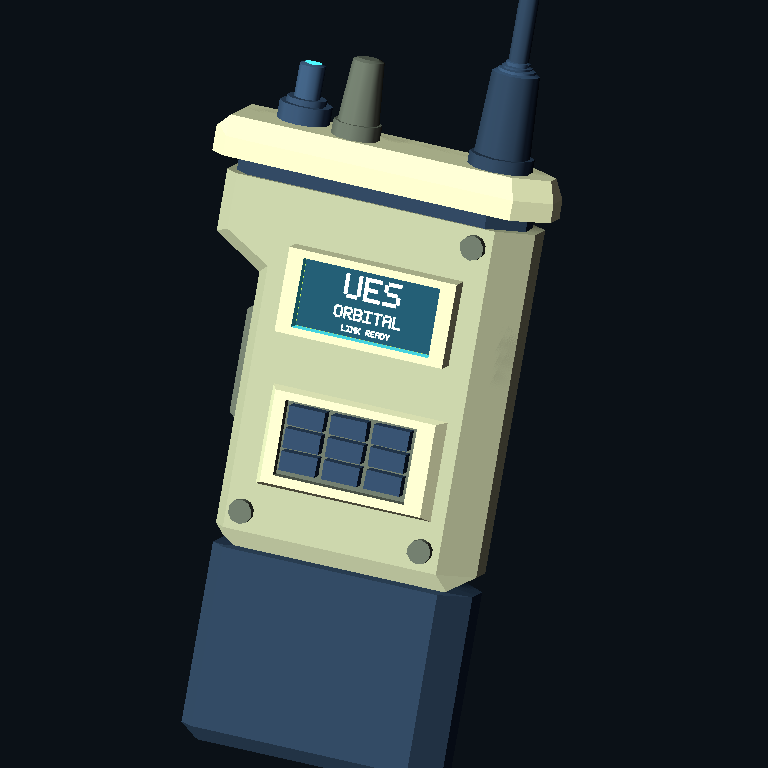 Close-up of the UES targeting radio showing the orbital-link screen, controls, and recolored housing.