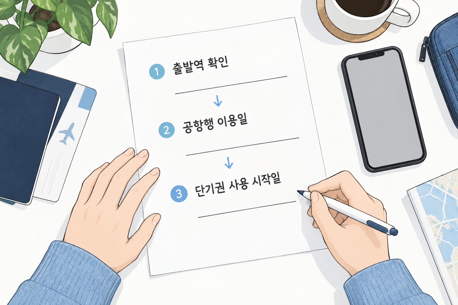 충전일부터 시작되는 단기권 사용기간과 공항행 이용일을 확인하는 설명용 삽화