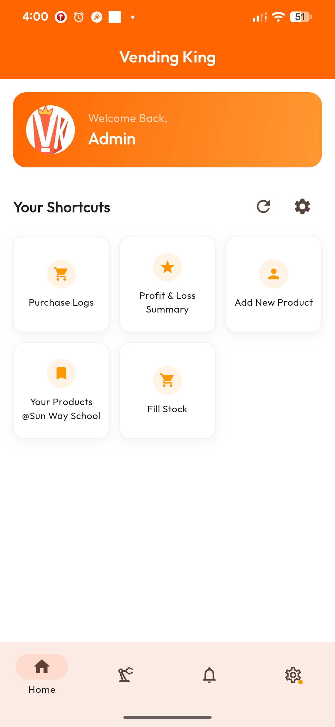 Vending King app home screen