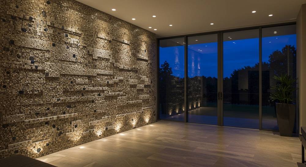 Captivating grand foyer with abstract mosaic wall panel, bathed in volumetric illumination, emphasizing its unique optical properties.