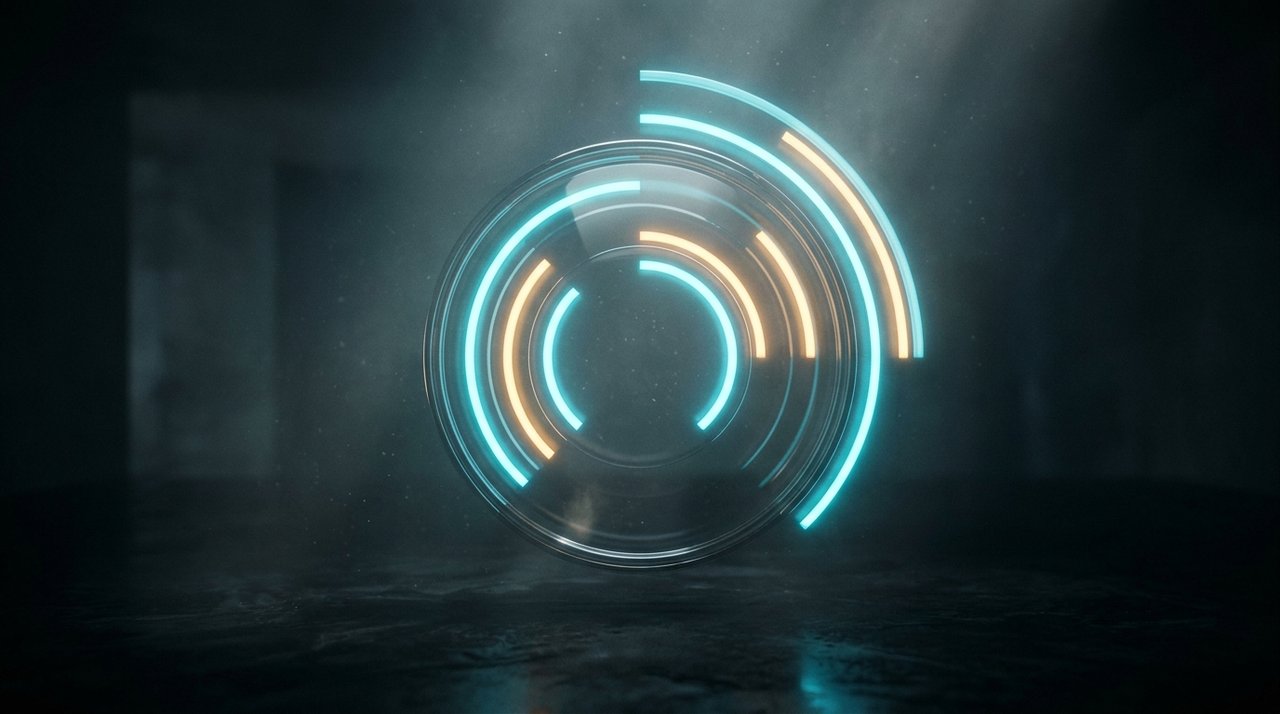 An abstract glowing circular compute-meter gauge with segmented cyan and amber arcs
