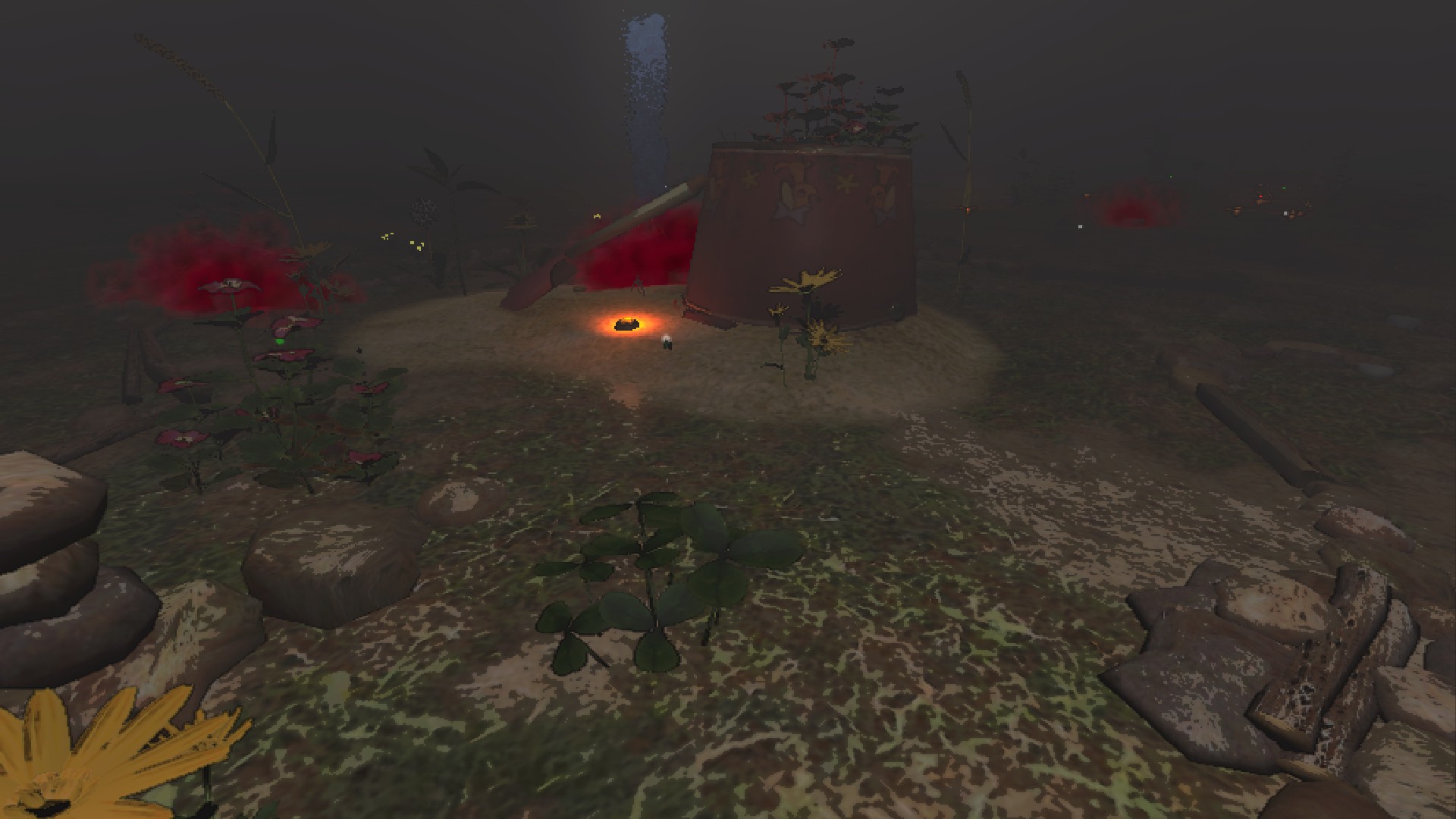 A giant bucket and pale, with foliage and a fire hazard.