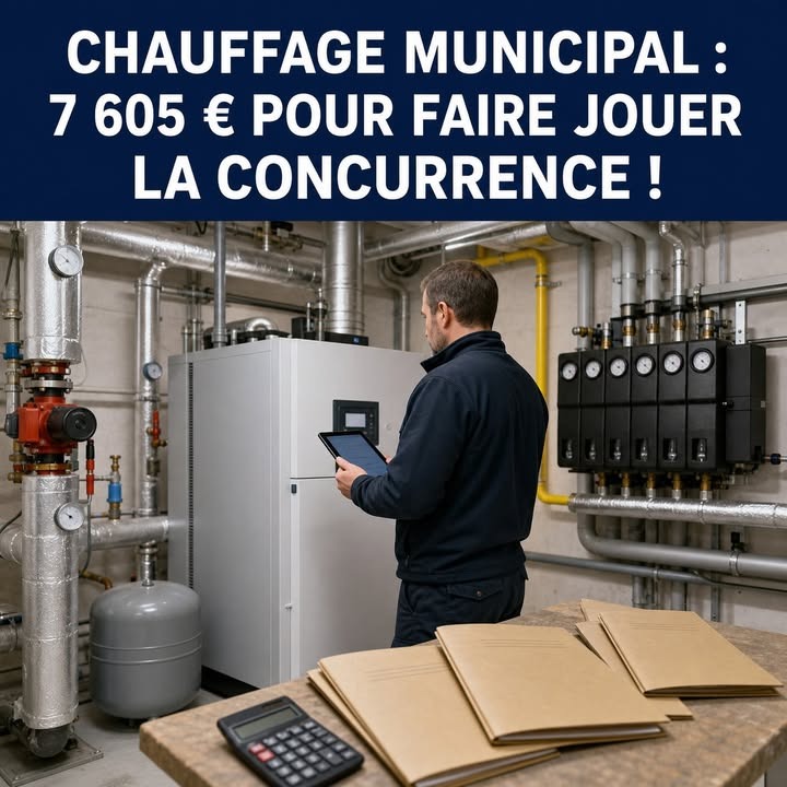 Un homme en tenue de travail consulte une tablette devant une chaudière industrielle, entouré de canalisations métalliques, d'un compteur et de dossiers sur une table.