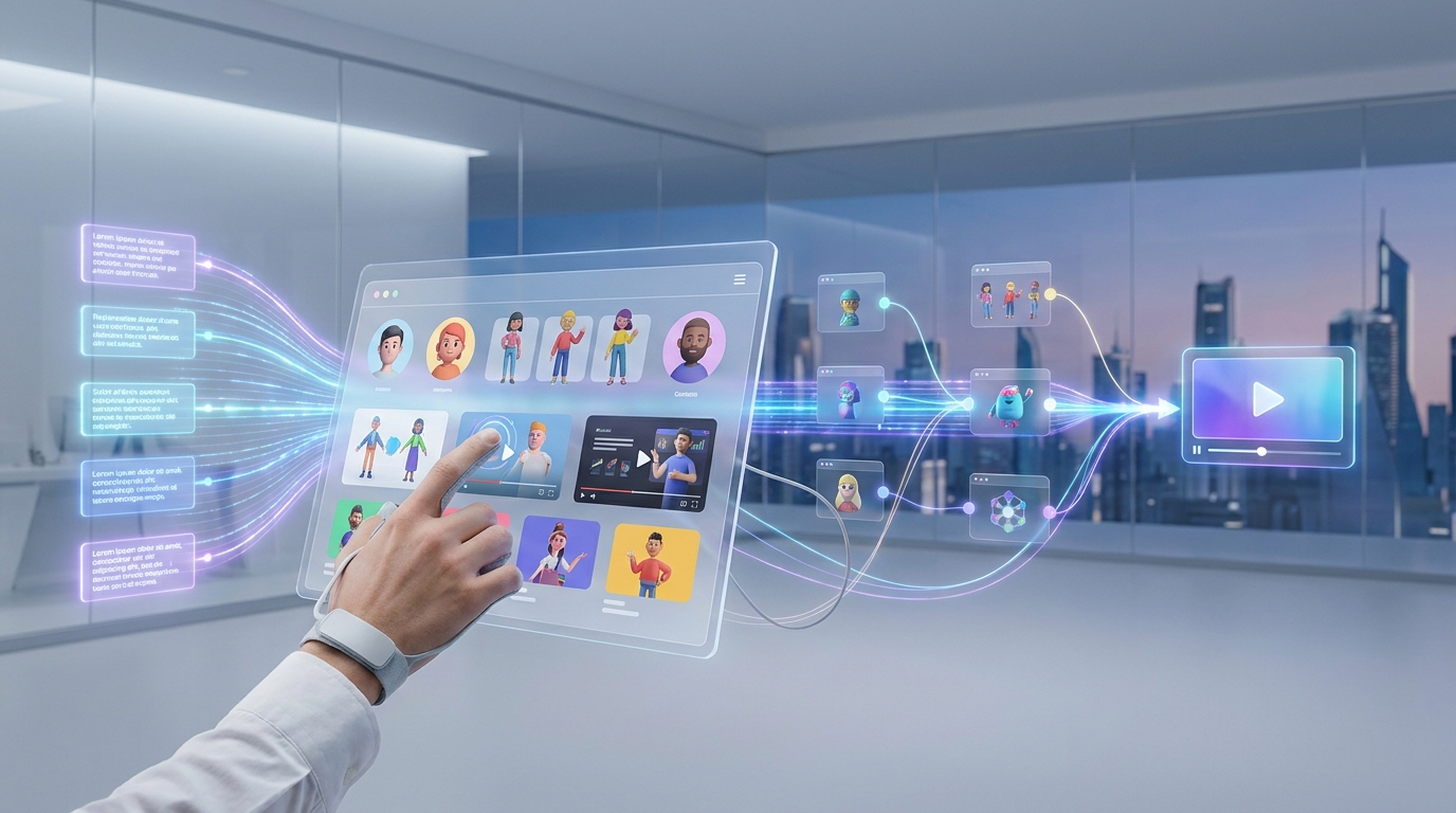 A holographic interface showing AI explainer video creation stages from text to finished product, highlighting speed and efficiency.