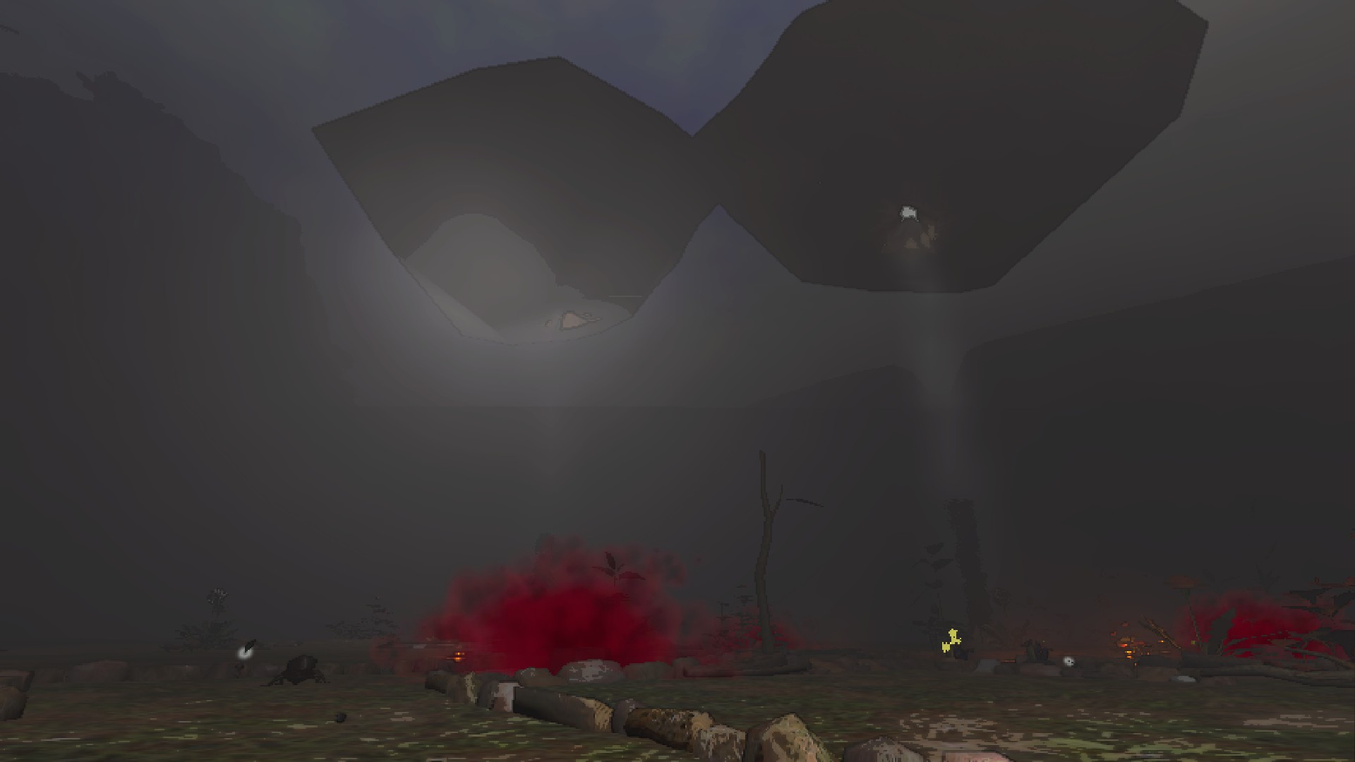 A broad overview of some tiles, with the upper part of exit geysers visible, along with several hazards and foliage.