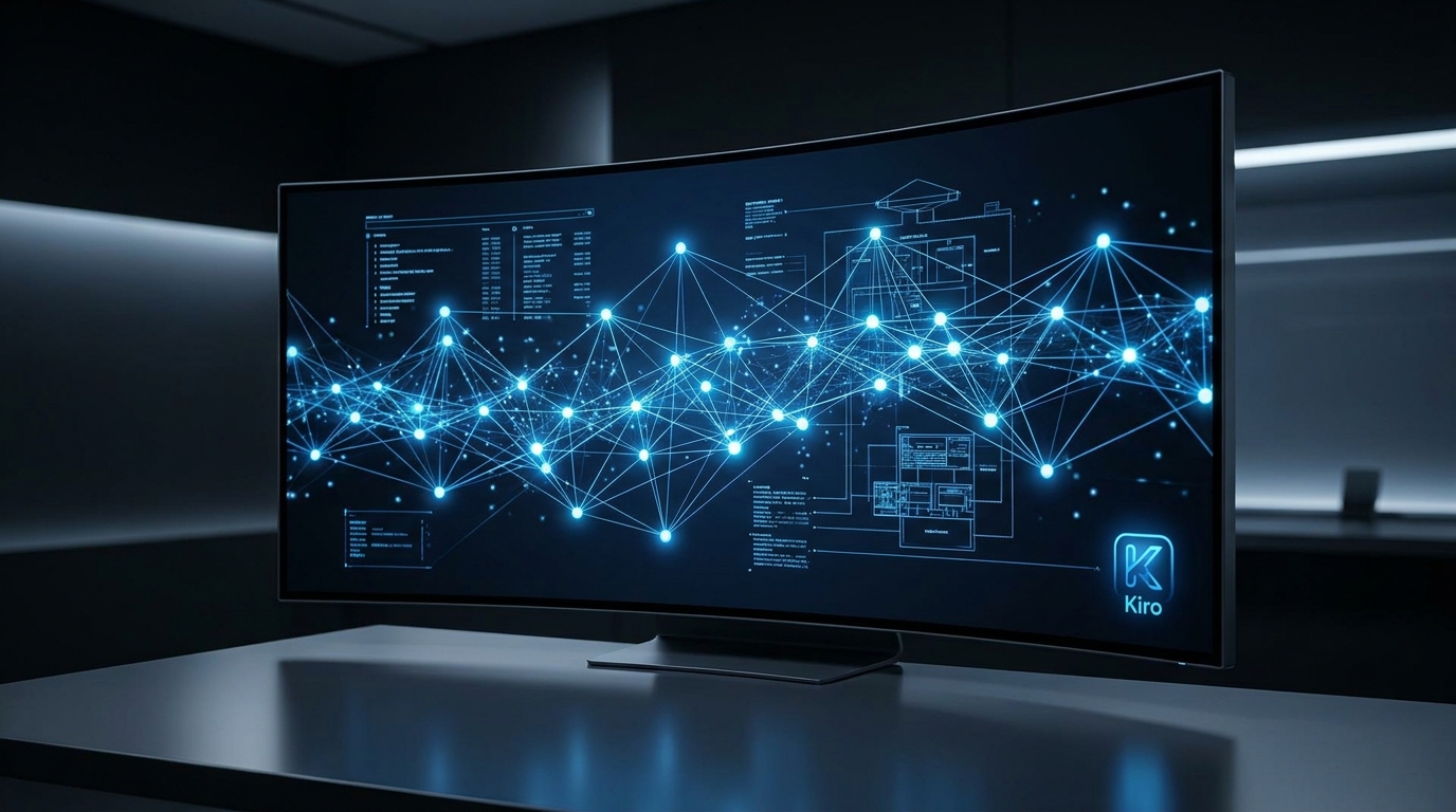 Digital interface for Kiro showing AI system design and workflow automation with interconnected nodes, demonstrating AI prototyping.