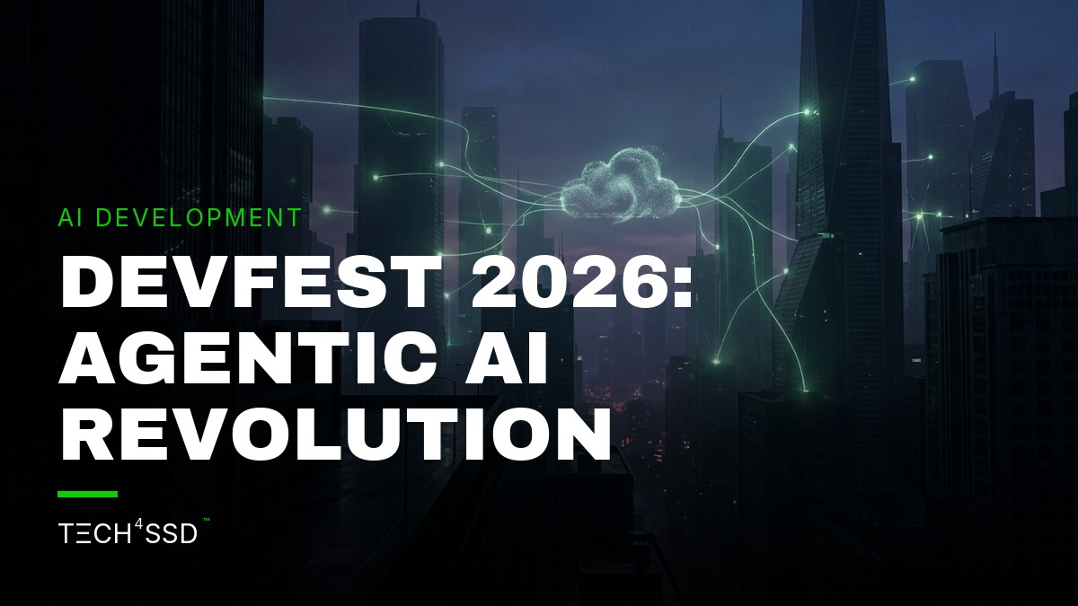 A futuristic cityscape at dusk with glowing data streams connecting buildings, symbolizing Google DevFest 2026's focus on agentic AI development.