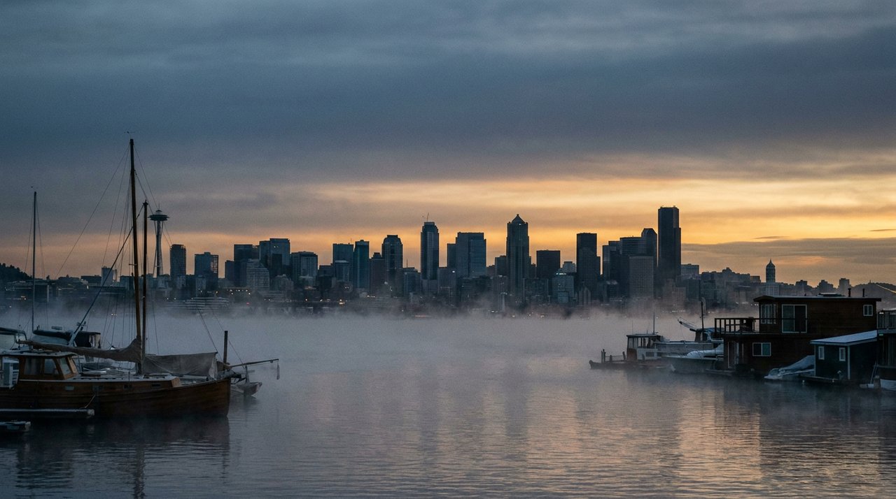 Seattle skyline at dawn with Space Needle visible and morning mist over Lake Union