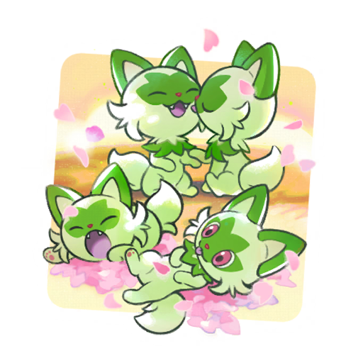 An official artwork of a bunch of Sprigatitos cuddling eachother in cherry blossoms; ik the url is /wattrel but i like sprigatito :) 