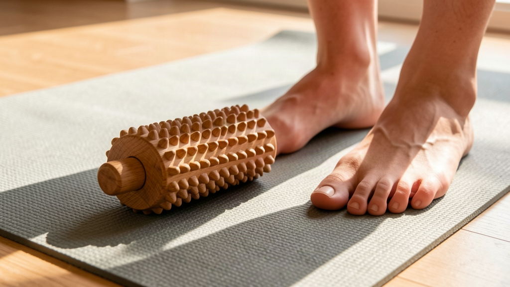 wooden textured foot roller and massage ball on a yoga mat