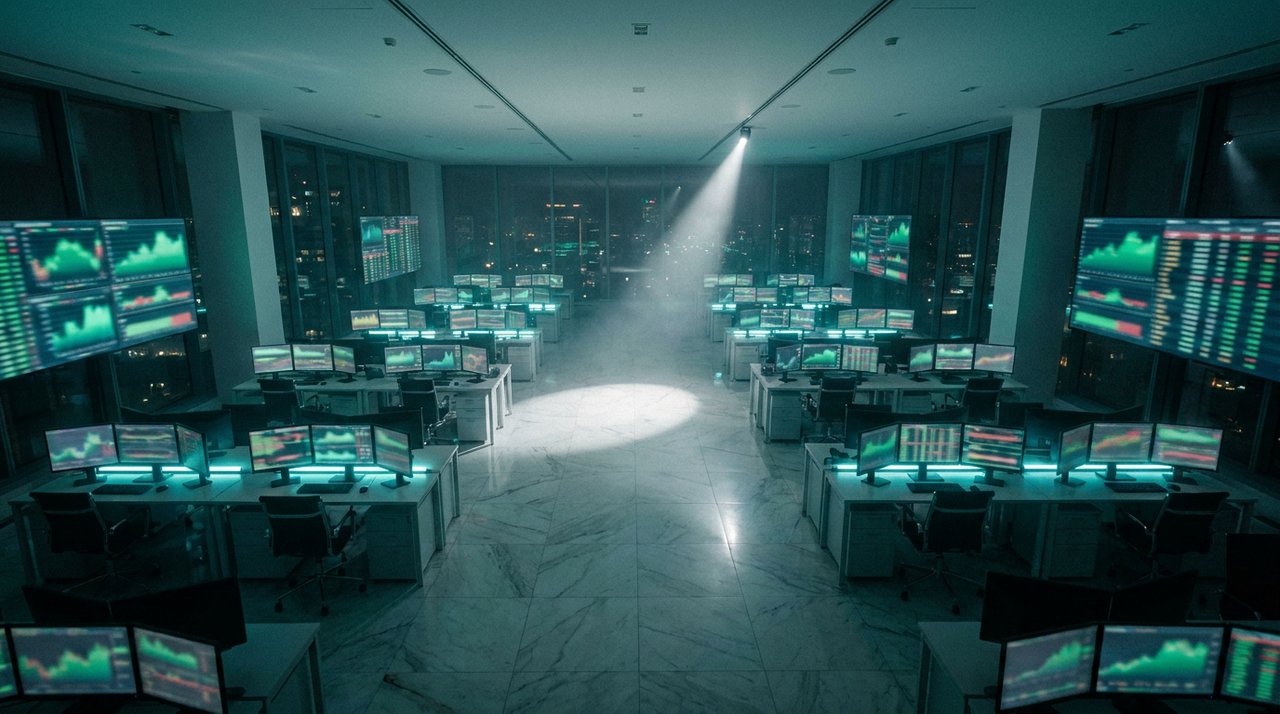 Empty financial trading floor with glowing screens showing abstract charts