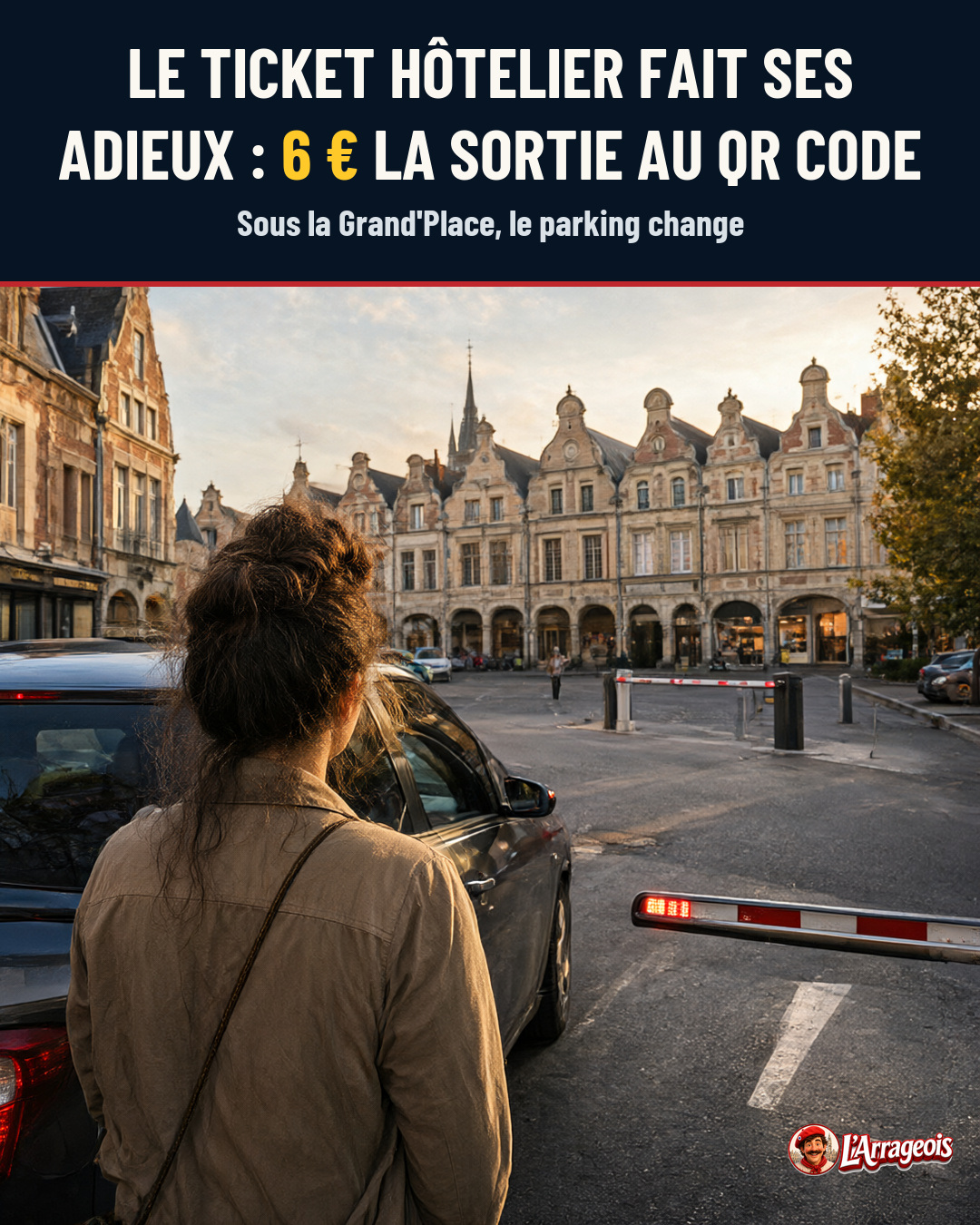 Vue de dos d'une femme devant une voiture, regardant un parking urbain avec des bâtiments historiques et des barrières de contrôle.