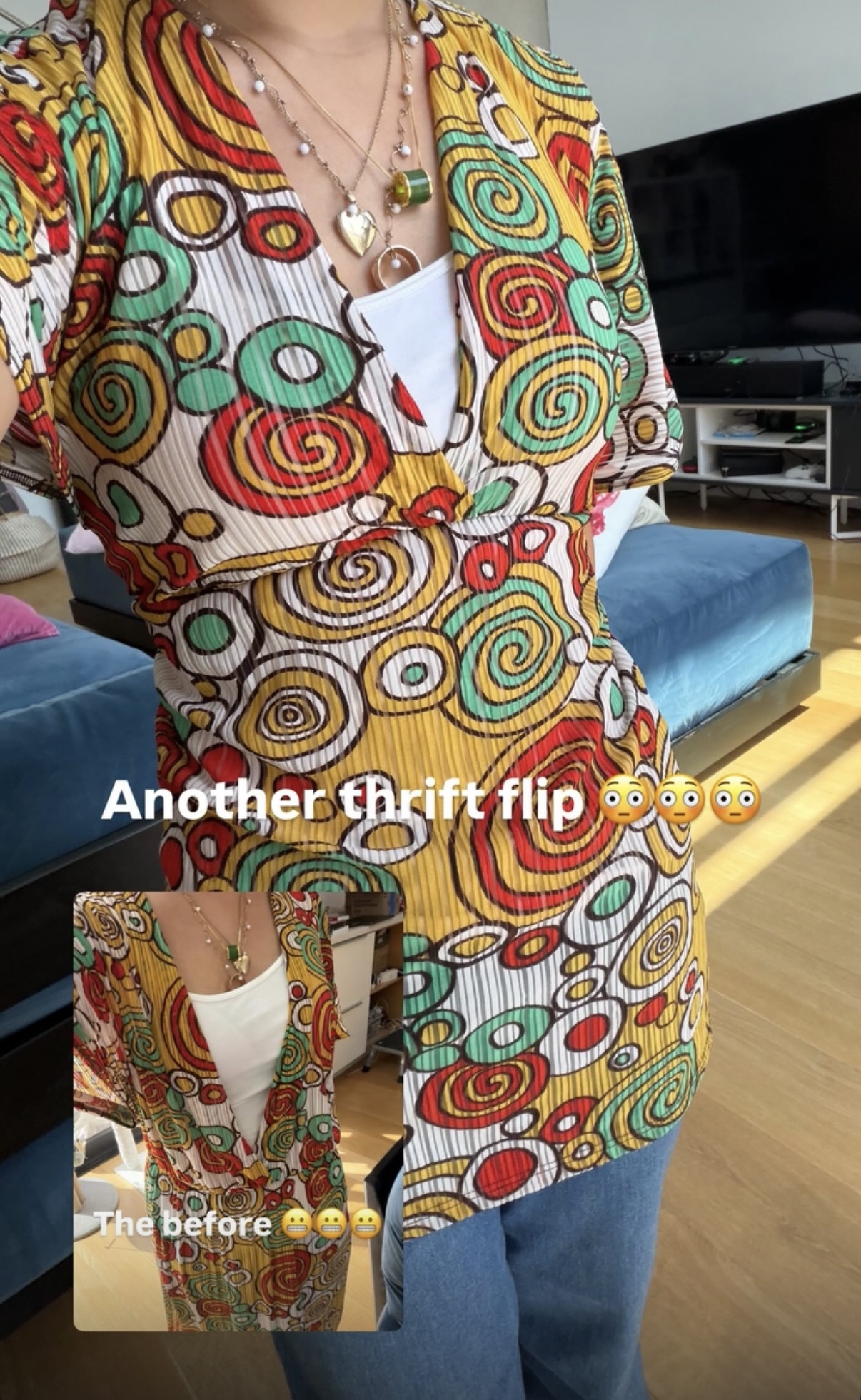 before and after thrift flip for a colorful wrap-style top