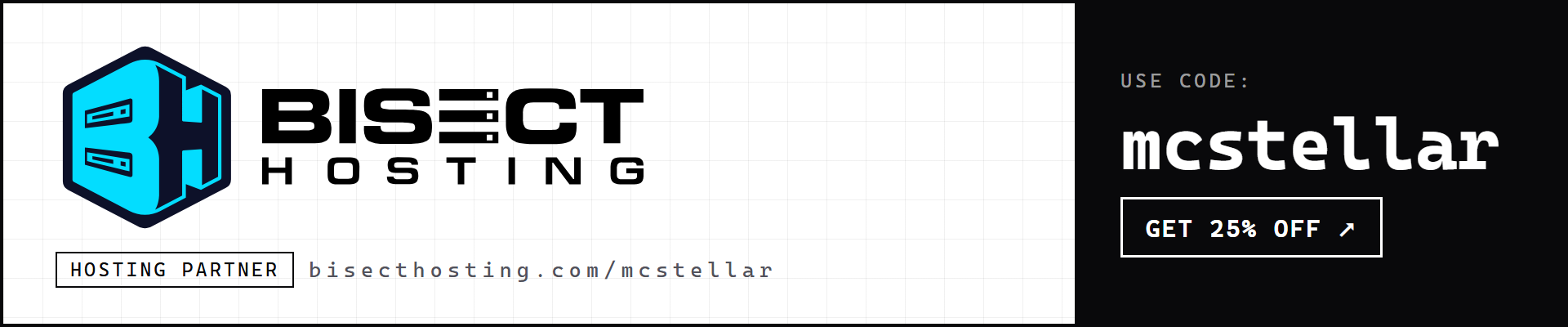 BisectHosting Minecraft server hosting, 25 percent off with code mcstellar (affiliate link)