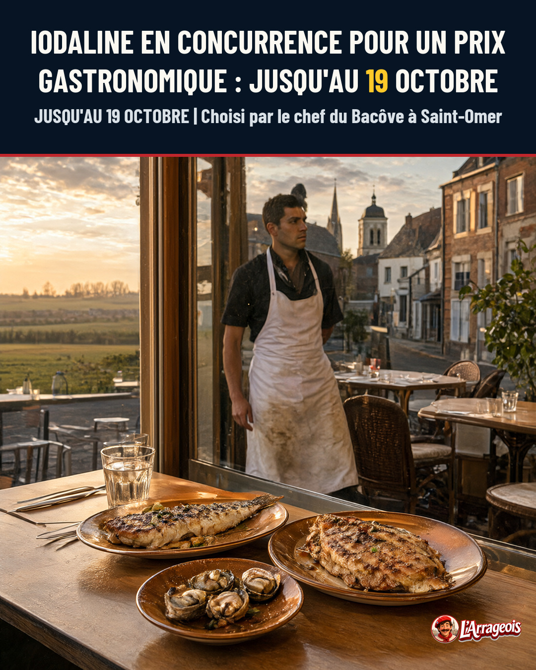 Un chef en tablier blanc se tient près d'une fenêtre d'un restaurant, avec des plats de poisson grillé et de moules sur une table au premier plan.