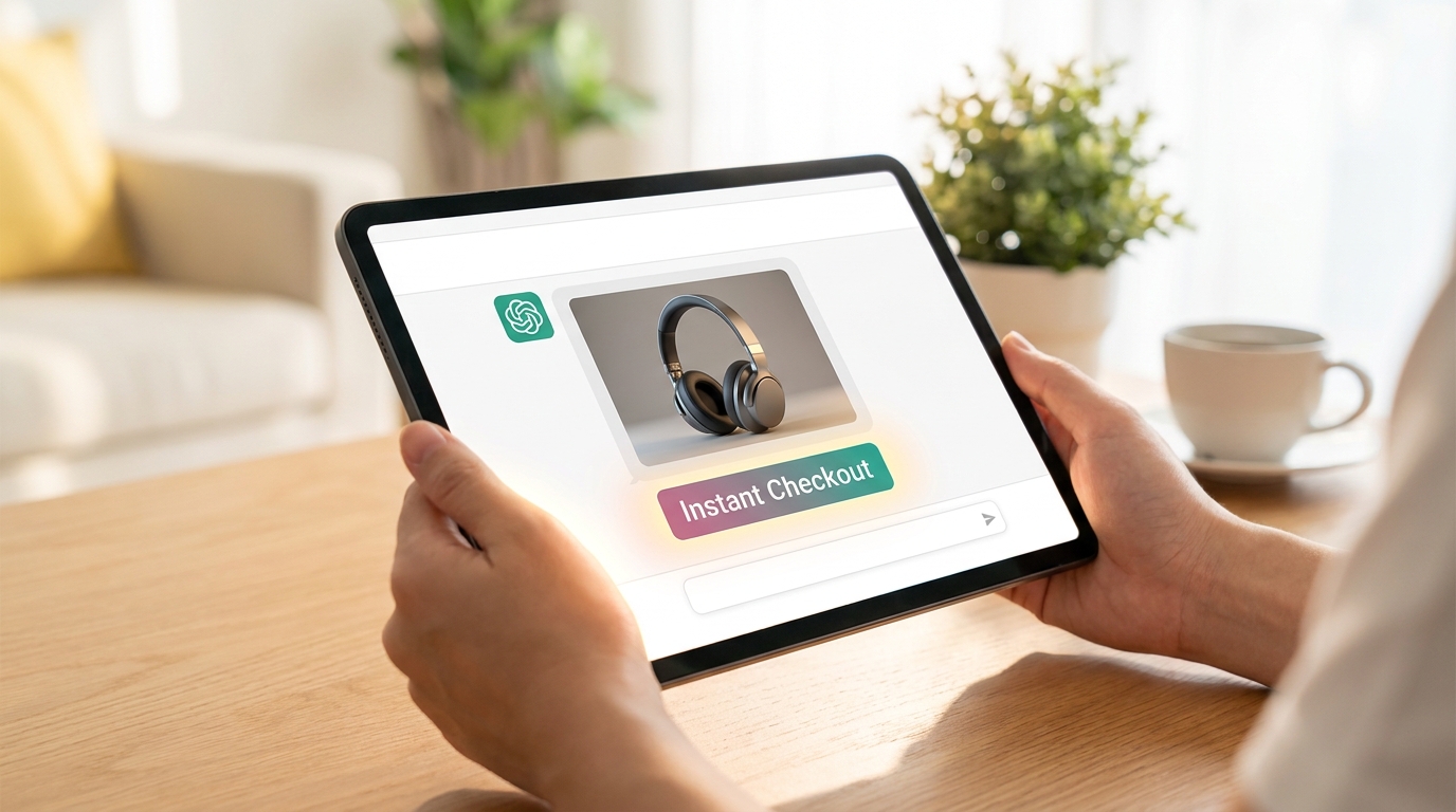ChatGPT interface showing an Instant Checkout button for an e-commerce product, demonstrating agentic commerce.