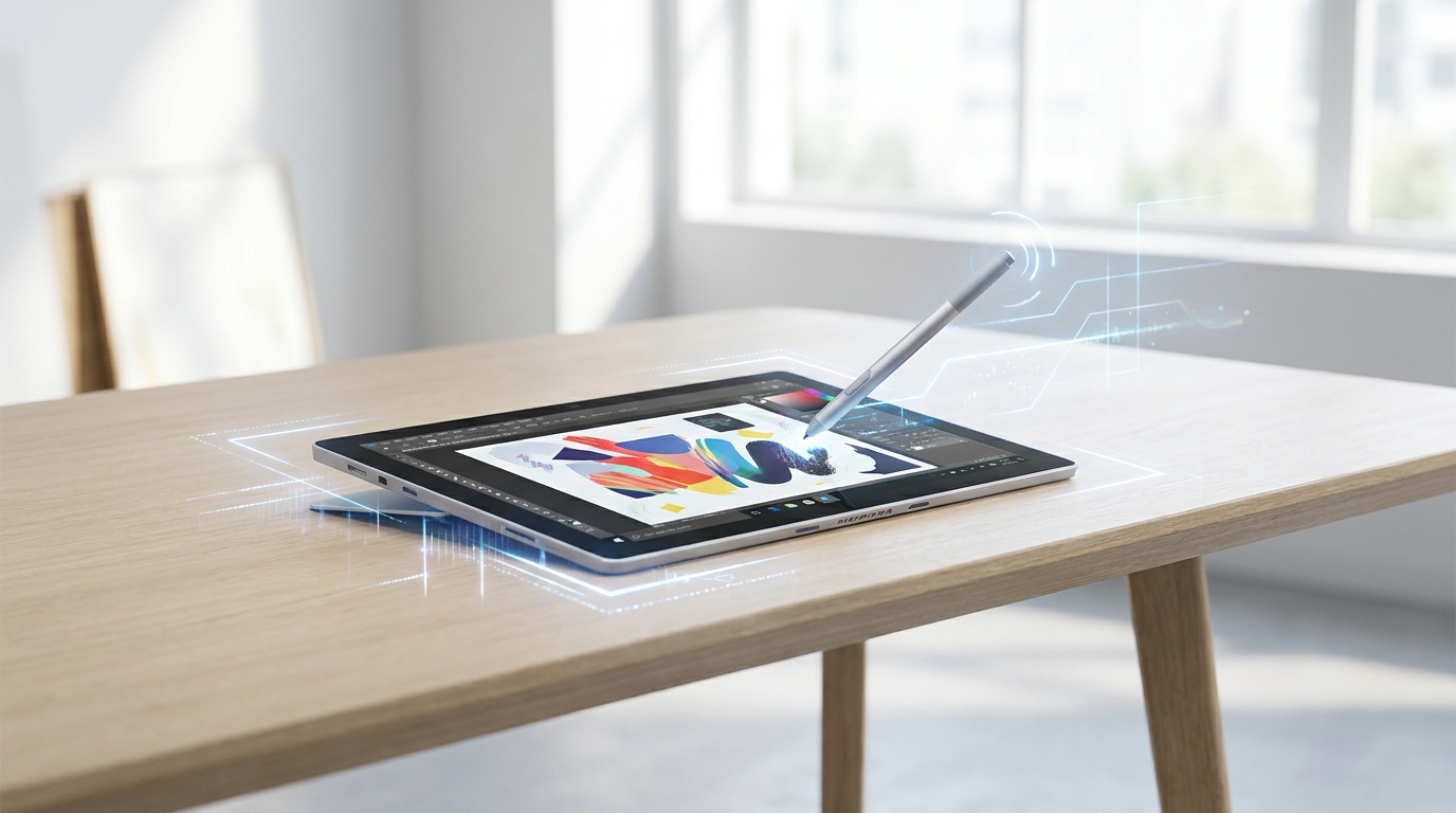 Microsoft Surface Pro 12-inch in tablet mode with a digital pen, showing creative design.