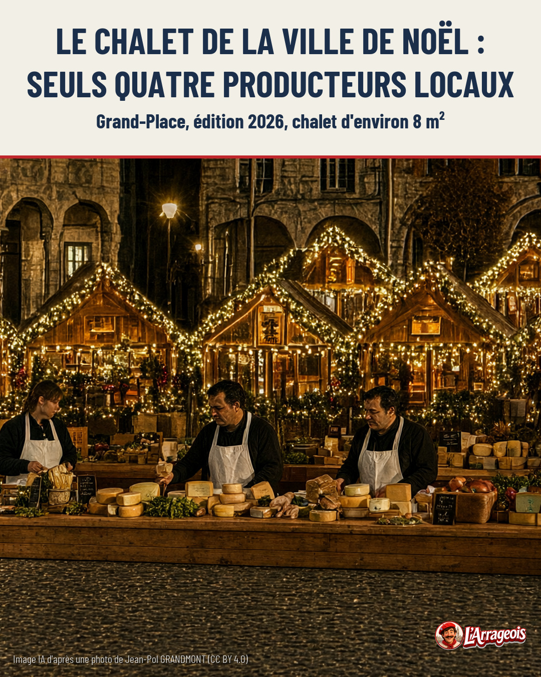 Trois vendeurs en tabliers blancs derrière un comptoir de fromages, devant des chalets de Noël illuminés de guirlandes lumineuses.
