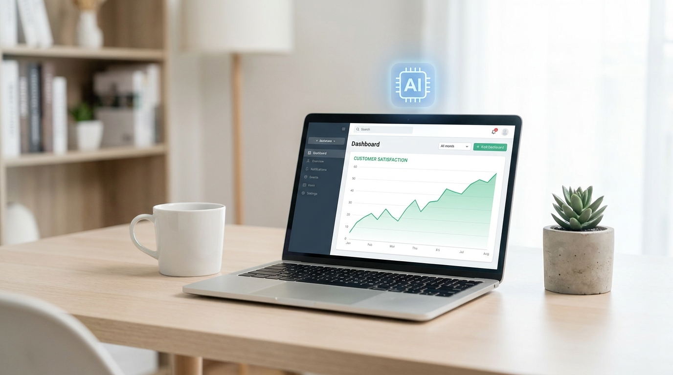 A solopreneur's desk with a laptop showing AI customer support analytics, emphasizing efficiency and growth.