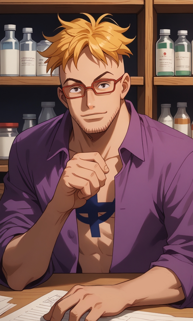 Marco sitting at a desk in the infirmary with bottles of medicine behind him wearing his usual purple shirt