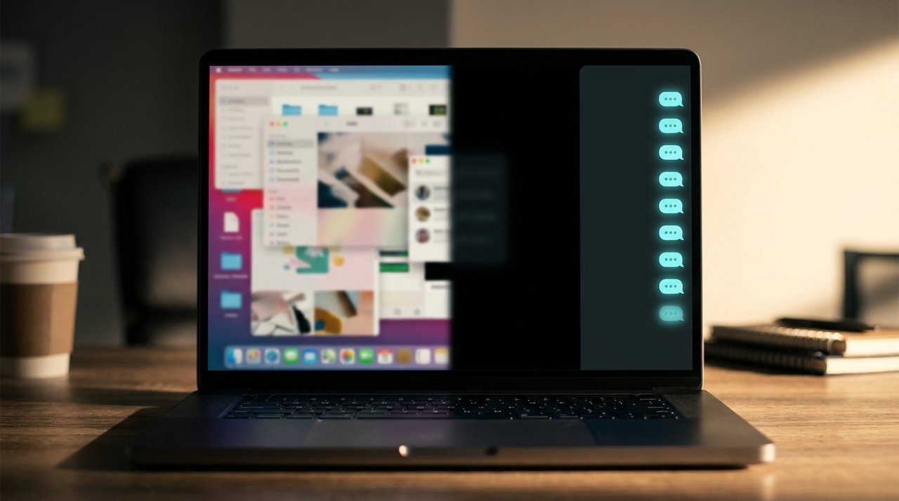 Laptop screen split — left half showing chaotic windows, right half showing clean docked sidebar