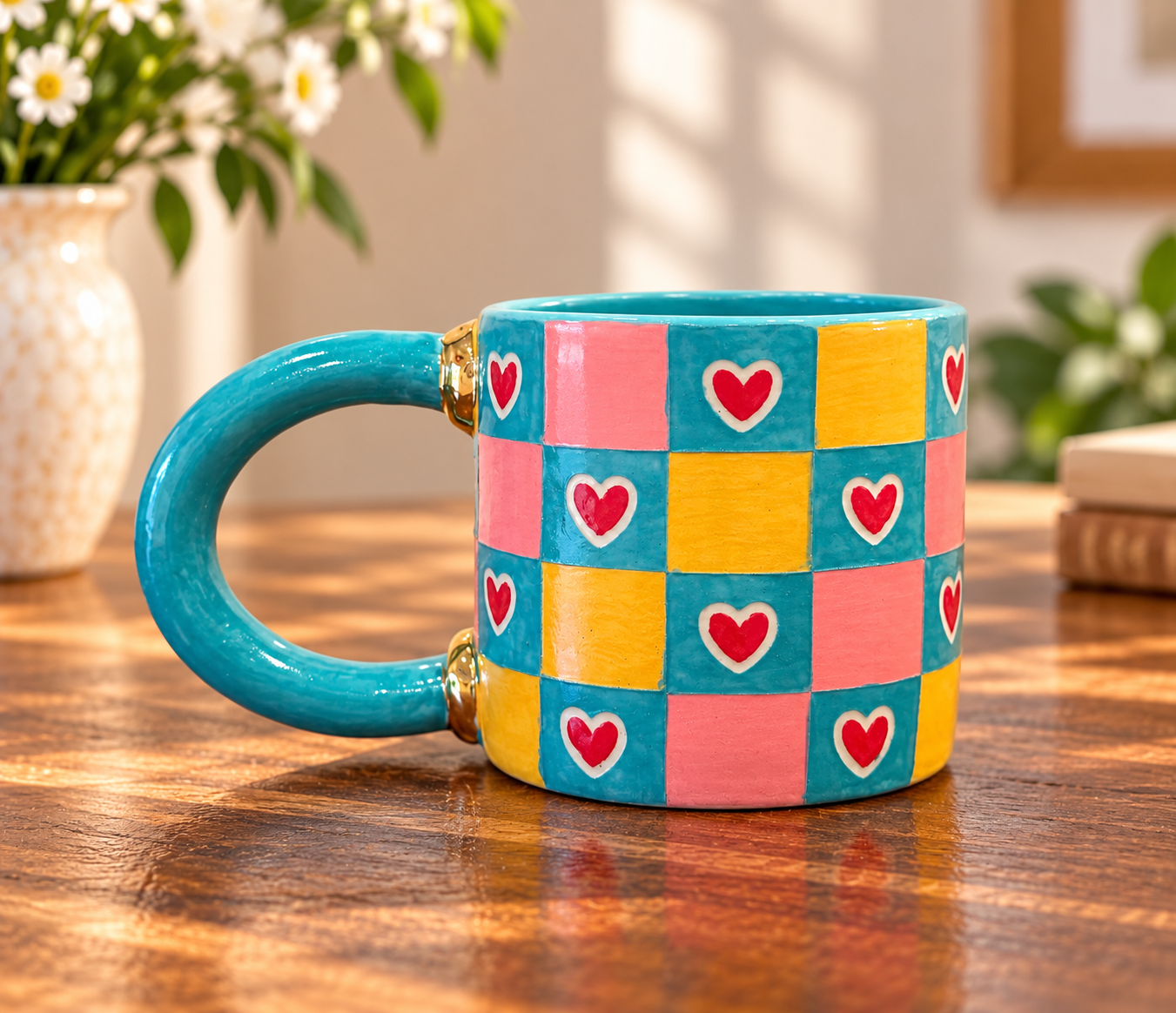 Hand-built mug with a checkerboard of pink, yellow and teal squares, each teal square with a small red heart