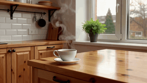 Steam rising gently from a warm ceramic mug of tea on a clean morning kitchen counter, a looping ambient scene