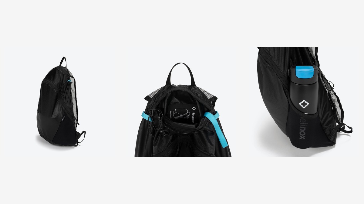 Helinox Packable Backpack 後背包側面、上方口袋與水瓶袋細節