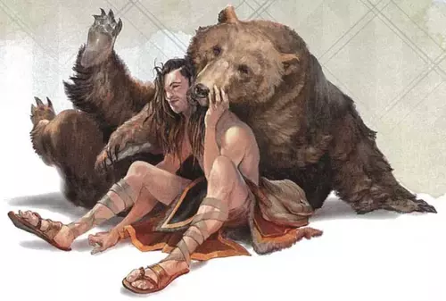A Bubon Ursus cuddling with a Druid from the UUUing Forest, Bubon Ursus sometimes look almost completely brown when they are shedding their hair during warmer seasons