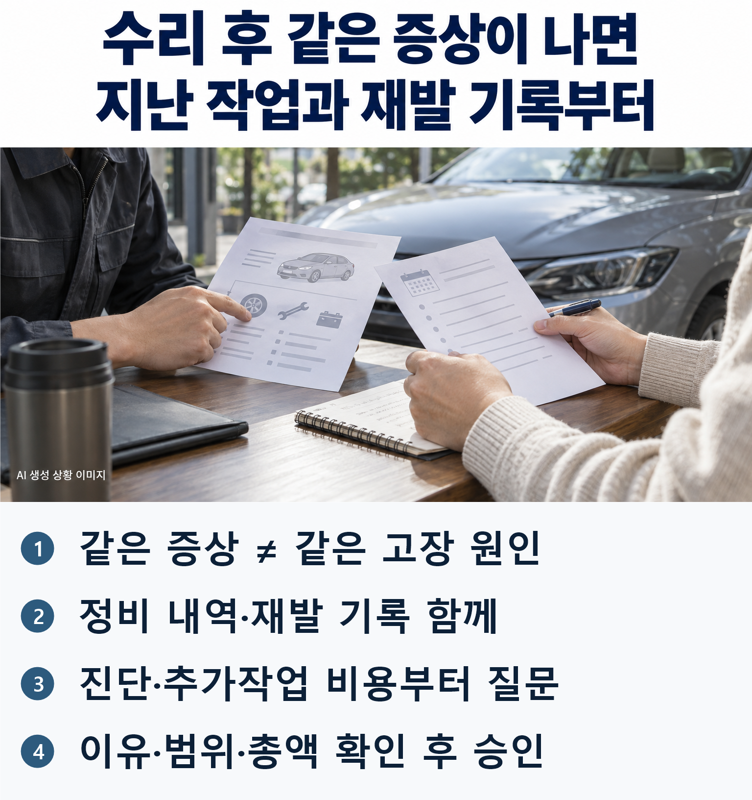 AI 생성 상황 이미지: 주차된 로고 없는 차량 옆 상담 테이블에서 성인이 모형 정비자료와 메모를 대조하는 사진. 엔진작동·분해·진단기화면·실제 명세서·고장원인 판정·무료 확정 없음. 핵심 결론: 같은 증상 ≠ 같은 고장 원인 / 정비 내역·재발 기록 함께 / 진단·추가작업 비용부터 질문 / 이유·범위·총액 확인 후 승인