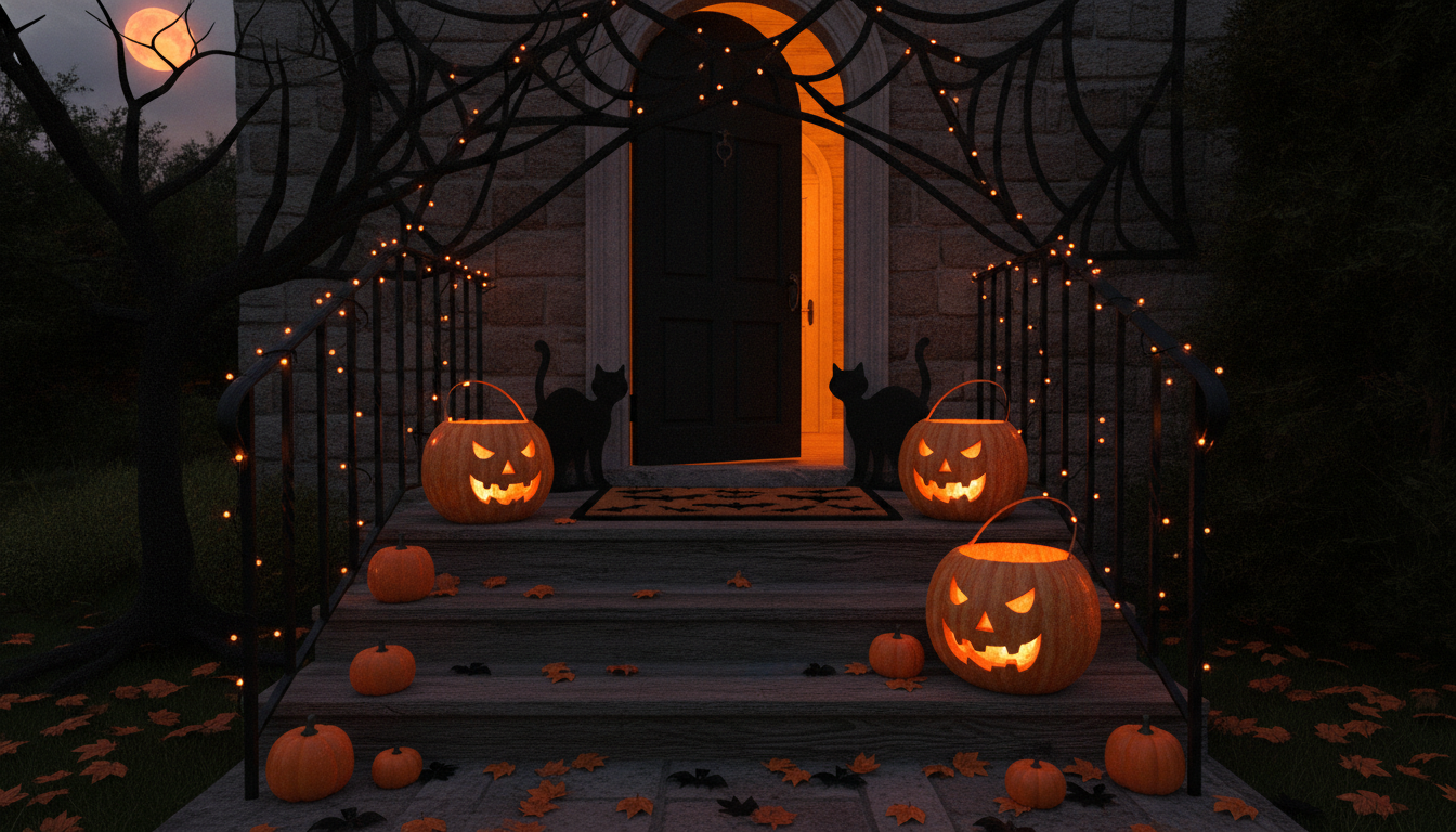 Halloween doorstep scene with pumpkin buckets for trick-or-treating