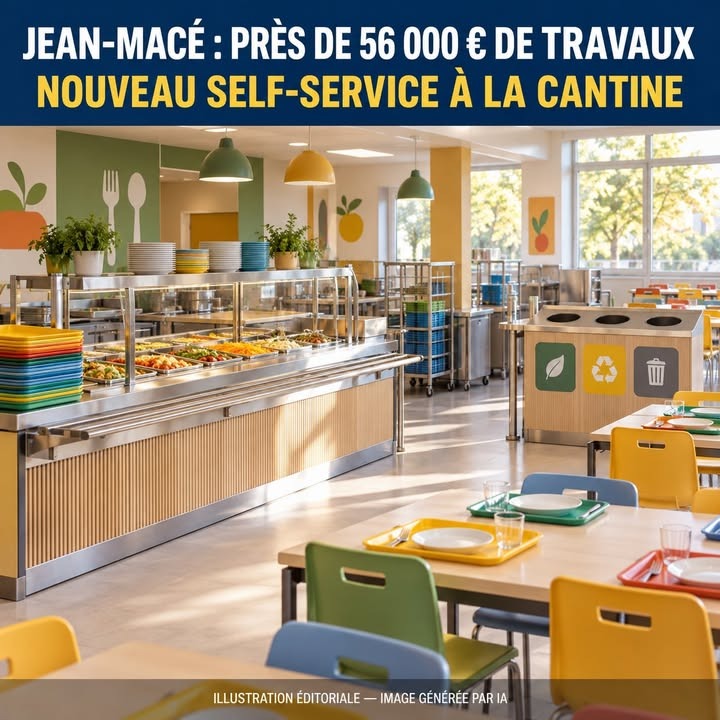 Une cantine moderne avec un long buffet de plats chauds sous vitrine, des assiettes colorées empilées, des tables et chaises multicolores, et des poubelles de tri.