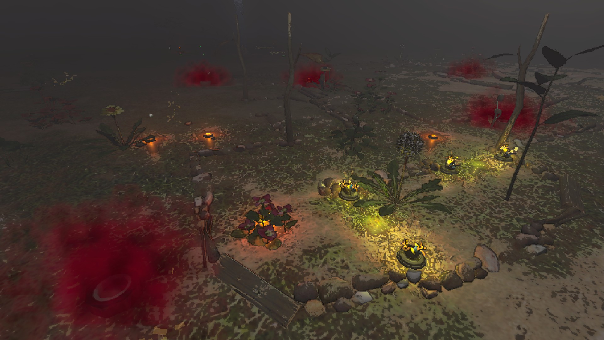 A cluttered few tiles with electic, poison, and fire hazards.