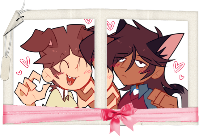A matching polaroid graphic of Noah and Cody, both of them having cat (Noah) and dog ears (Cody), the graphic is wrapped around with a pink ribbon. | ac aangellface
