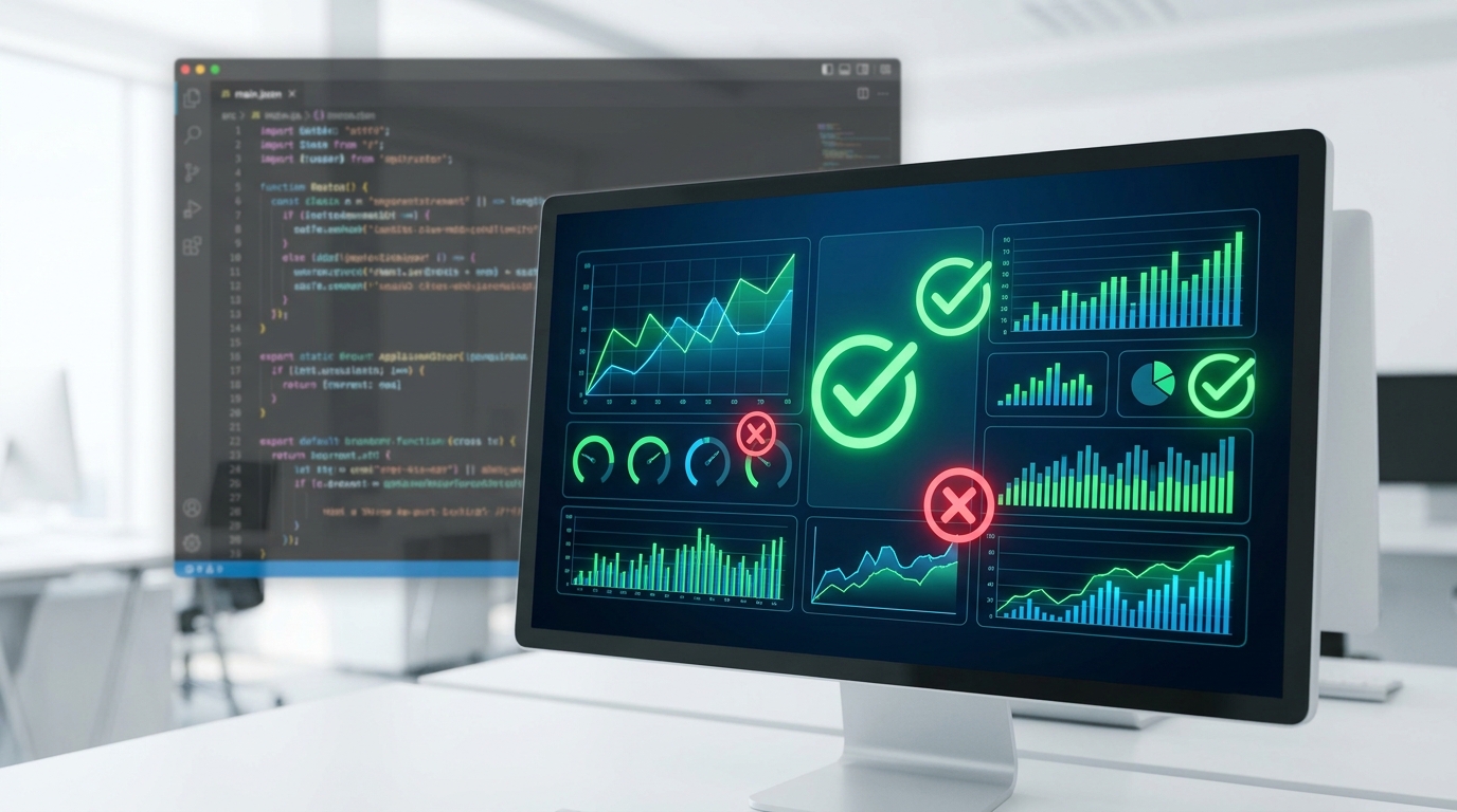 Digital dashboard showing AI performance metrics and test results, representing continuous regression testing for AI automation reliability.