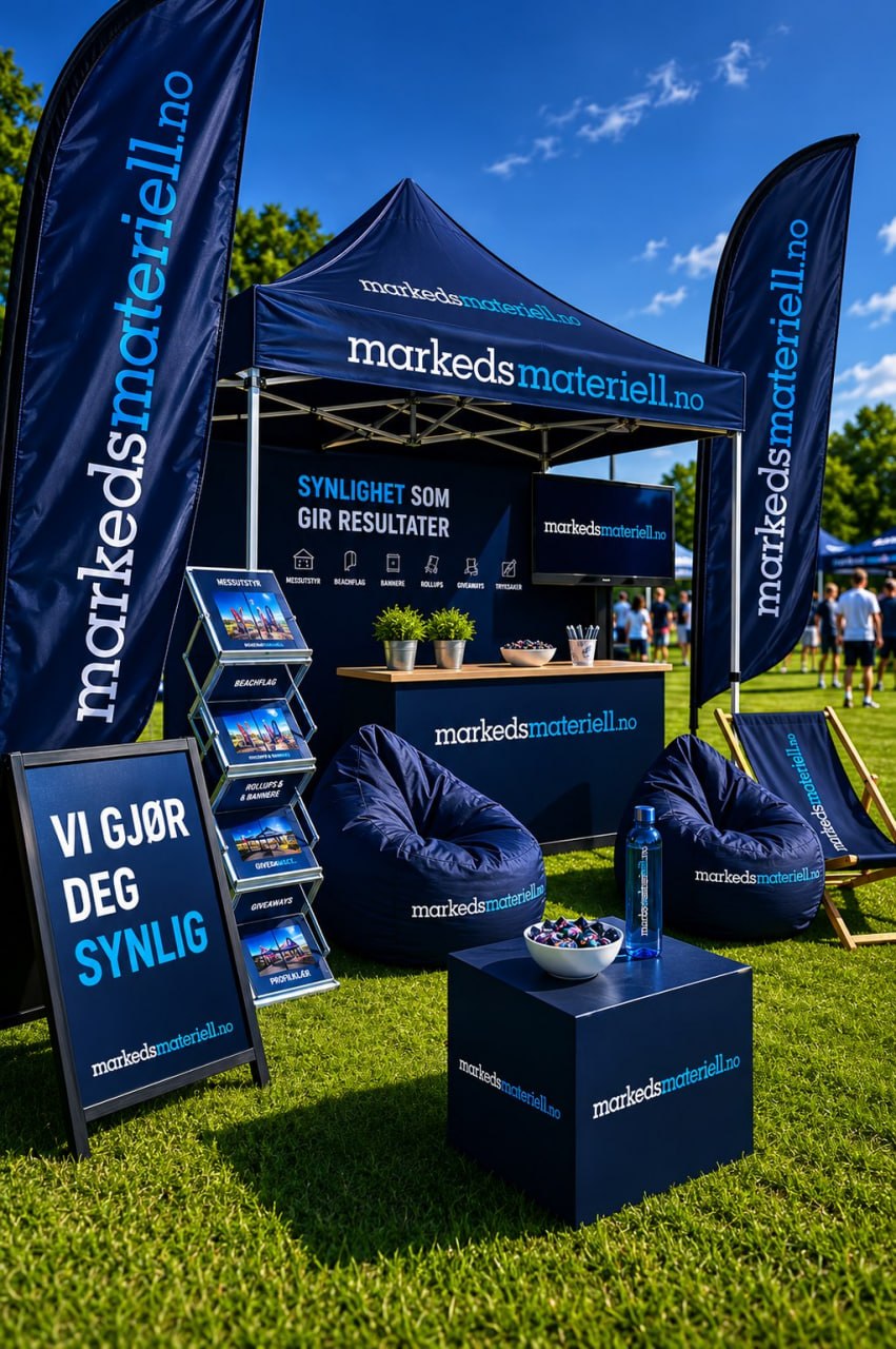 Profesjonell festivalstand med komplett utendørsmateriell fra Markedsmateriell.no