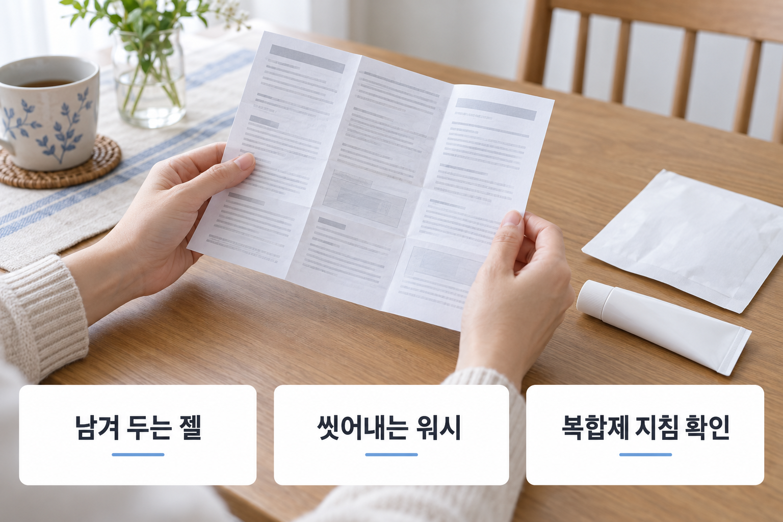 설명서에서 남겨 두는 젤과 씻어내는 워시, 복합제 사용 지침을 구분하는 확인 장면