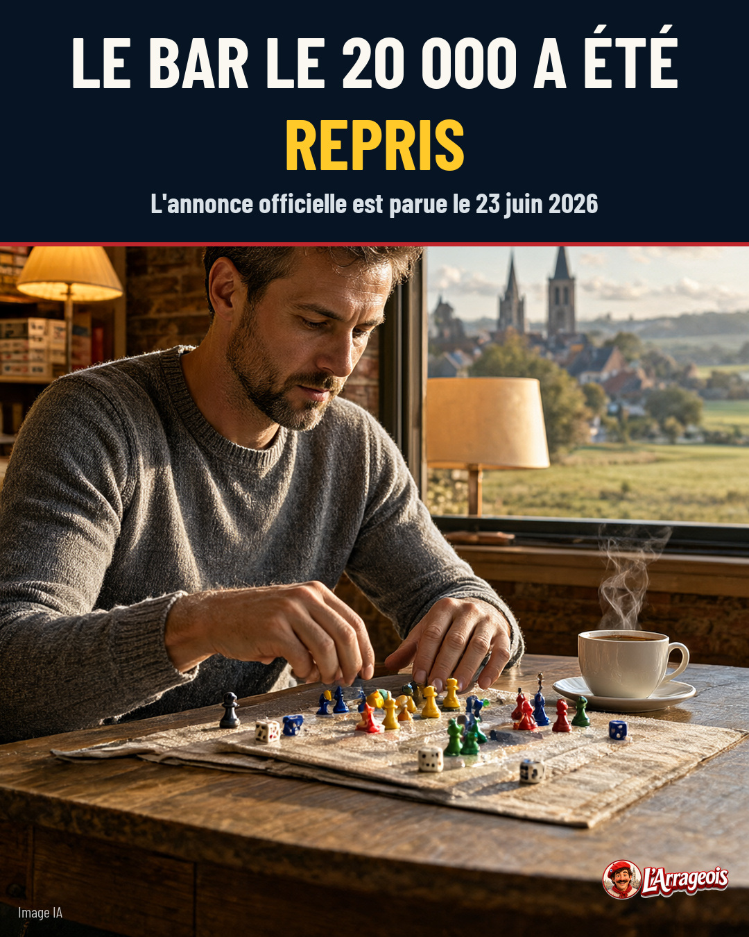Un homme en pull gris joue à un jeu de plateau coloré avec des pions et des dés, devant une tasse de café fumant, avec une vue de ville au loin.