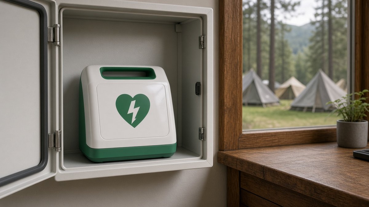 Een AED in een wandkast bij de receptie van een camping met tenten en bomen op de achtergrond