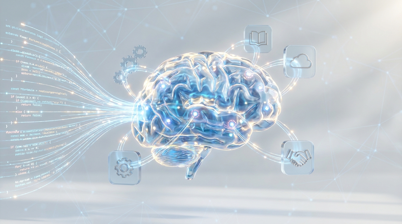 GitHub Copilot workflow showing code flowing into an AI brain with agent skills and MCP servers, connected to external tools.