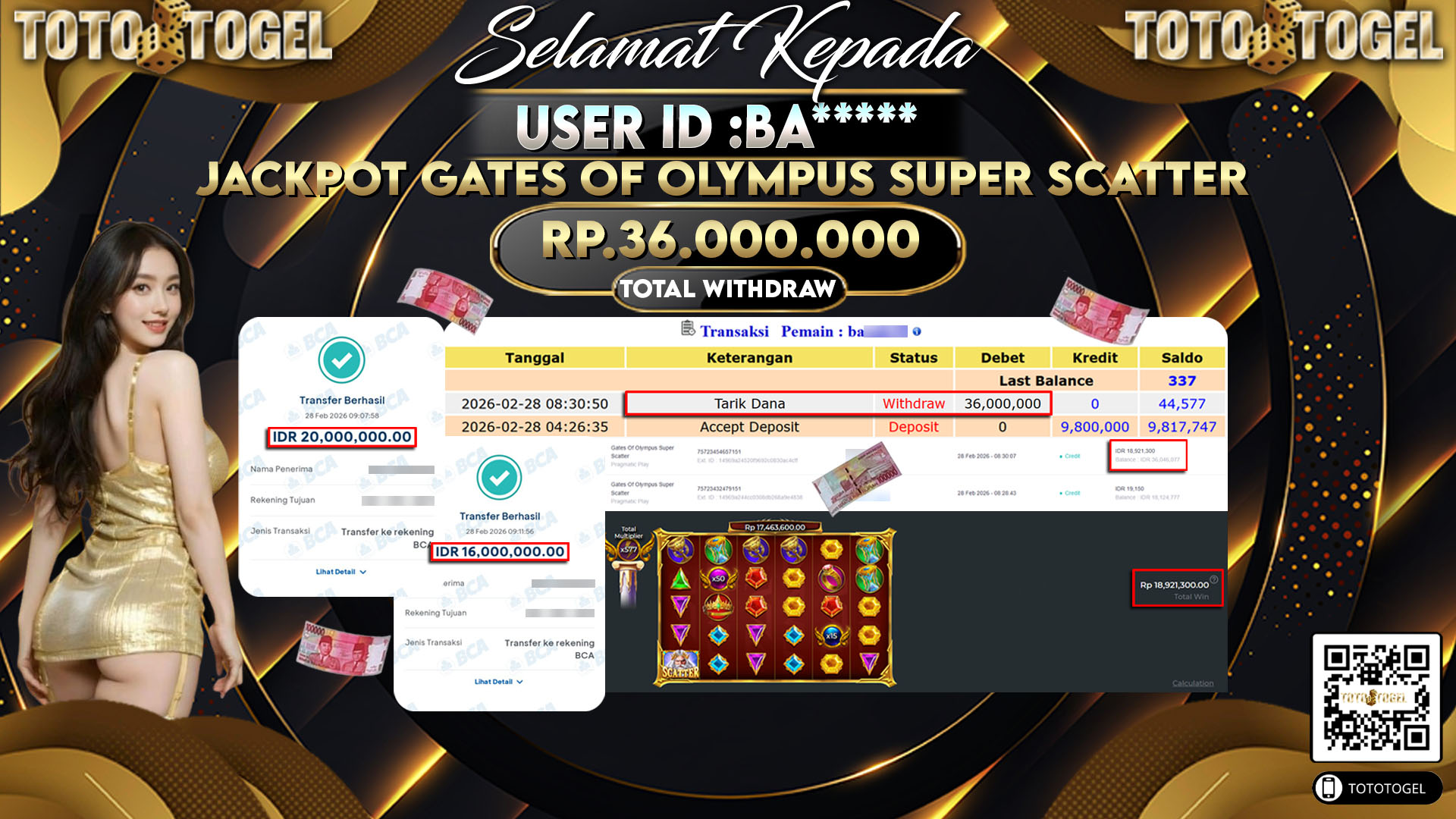 Bukti Pembayaran Jackpot Permainan Slot Gates Of Olympus Super Scatter ID:BA*****LUNAS