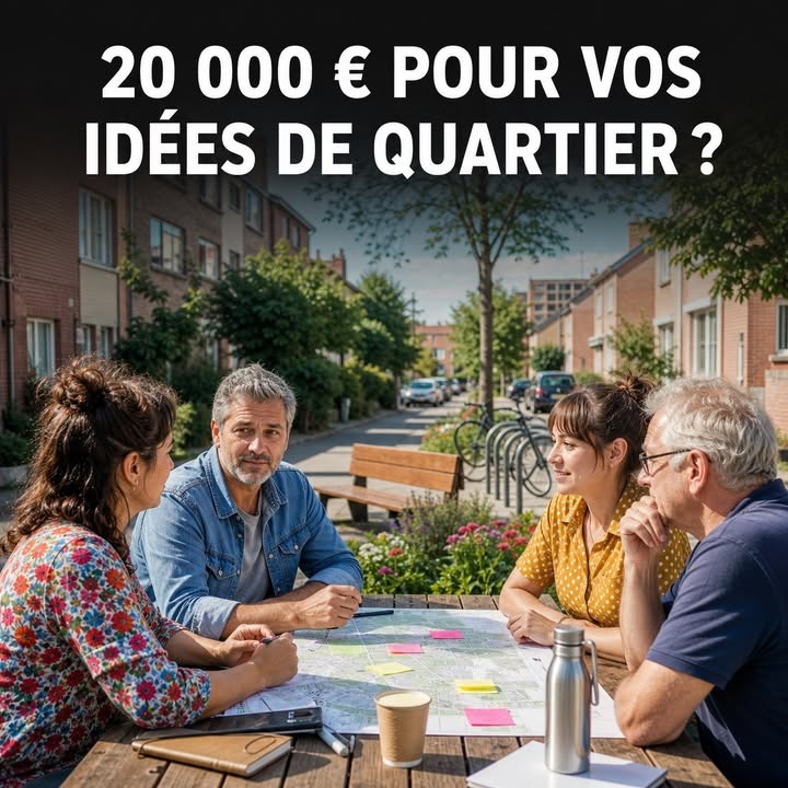 Cinq personnes discutent autour d'une table en bois extérieure, en examinant une carte avec des post-its colorés, dans une rue résidentielle pavée.