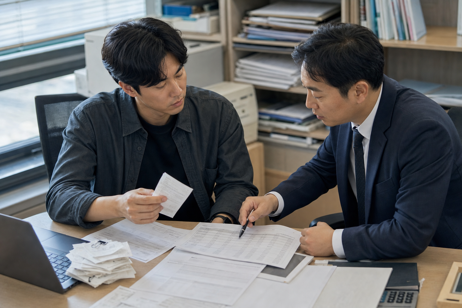 여러 소득 자료를 세무 전문가와 함께 검토하는 상담 장면